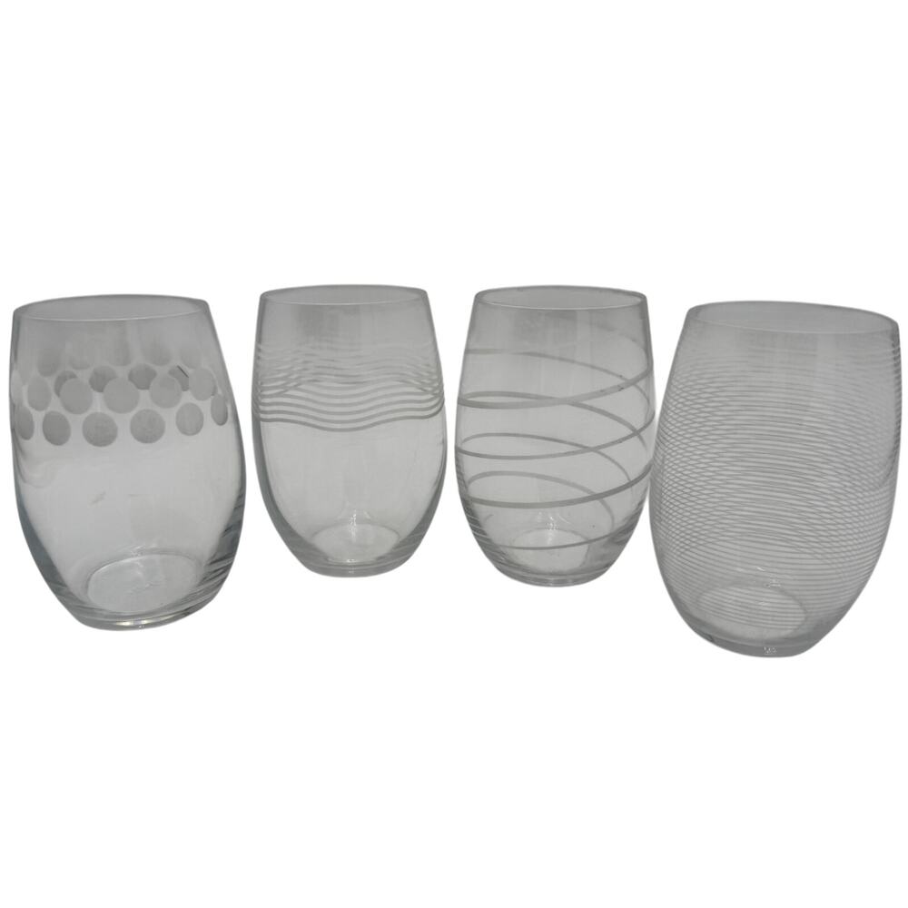 Vintage Stemless Wine Glasses by Mikasa in Pattern Cheers Set of 4